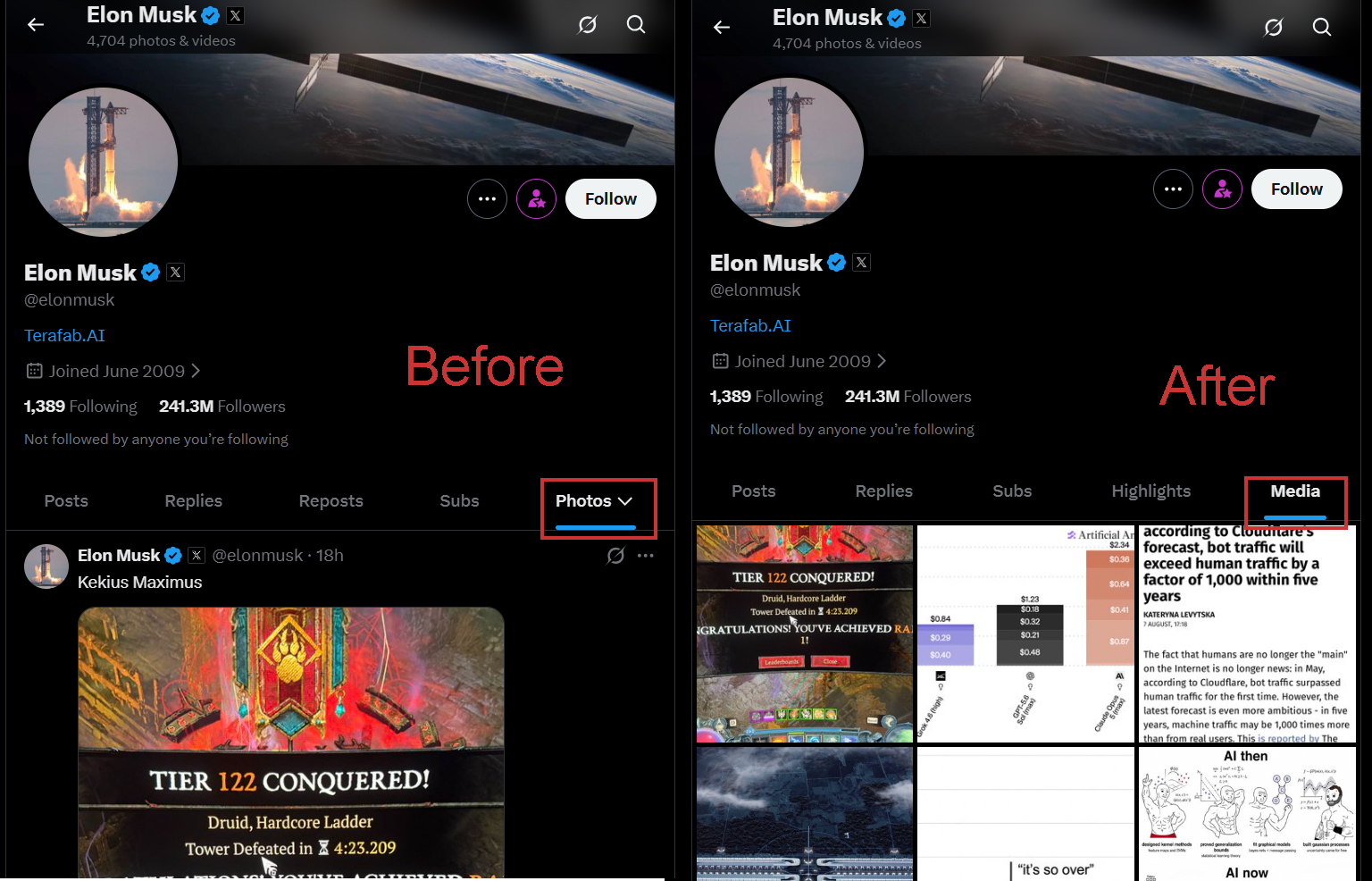 Before and after comparison showing X's post feed replaced by a compact three-column media grid